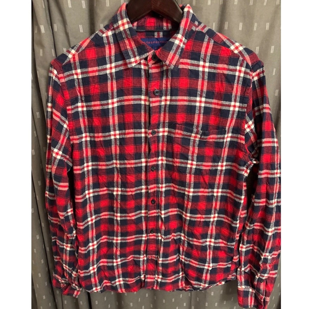 Aeropostale Mens Flannel Shirt Medium Red Navy Blue White Plaid Button Down